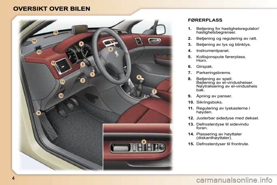 Peugeot 307 SW 2007  Brukerhåndbok (in Norwegian) �1�.�  �B�e�t�j�e�n�i�n�g� �f�o�r� �h�a�s�t�i�g�h�e�t�s�r�e�g�u�l�a�t�o�r�/�h�a�s�t�i�g�h�e�t�s�b�e�g�r�e�n�s�e�r�.
�2�.�  �B�e�t�j�e�n�i�n�g� �o�g� �r�e�g�u�l�e�r�i�n�g� �a�v� �r�a�t�t�.
�3�.�  �B�e�
