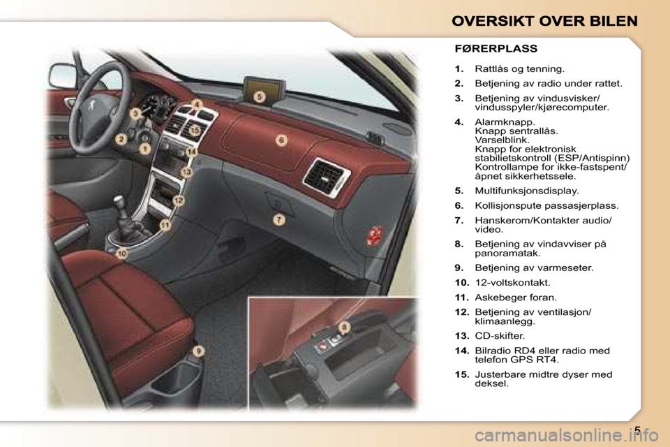 Peugeot 307 SW 2007  Brukerhåndbok (in Norwegian) �1�.� �R�a�t�t�l�å�s� �o�g� �t�e�n�n�i�n�g�.
�2�.�  �B�e�t�j�e�n�i�n�g� �a�v� �r�a�d�i�o� �u�n�d�e�r� �r�a�t�t�e�t�.
�3�.�  �B�e�t�j�e�n�i�n�g� �a�v� �v�i�n�d�u�s�v�i�s�k�e�r�/�v�i�n�d�u�s�s�p�y�l�e�