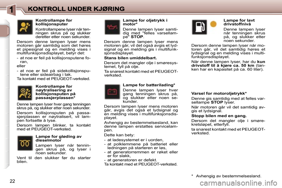 Peugeot 307 SW 2007  Brukerhåndbok (in Norwegian) �2�2
�L�a�m�p�e� �f�o�r� �b�a�t�t�e�r�i�l�a�d�i�n�g�*
�D�e�n�n�e�  �l�a�m�p�e�n�  �l�y�s�e�r�  �h�v�e�r� �g�a�n�g�  �t�e�n�n�i�n�g�e�n�  �s�k�r�u�s�  �p�å�,� �o�g�  �s�l�u�k�k�e�r�  �e�t�t�e�r�  �n�o