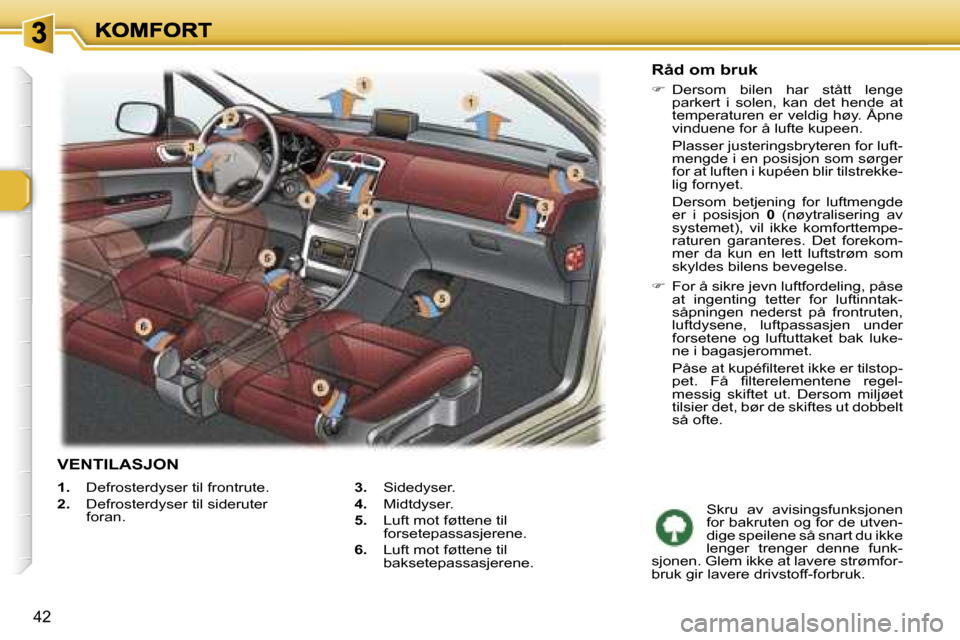 Peugeot 307 SW 2007  Brukerhåndbok (in Norwegian) �4�2
�1�.�  �D�e�f�r�o�s�t�e�r�d�y�s�e�r� �t�i�l� �f�r�o�n�t�r�u�t�e�.
�2�.�  �D�e�f�r�o�s�t�e�r�d�y�s�e�r� �t�i�l� �s�i�d�e�r�u�t�e�r�f�o�r�a�n�.
�3�.�  �S�i�d�e�d�y�s�e�r�.
�4�.�  �M�i�d�t�d�y�s�e�r