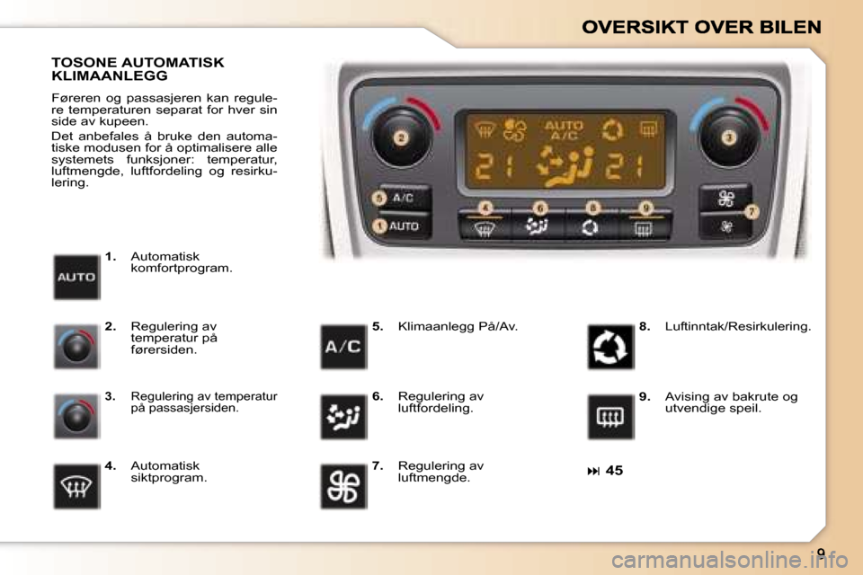 Peugeot 307 SW 2007  Brukerhåndbok (in Norwegian) �� �4�5
�1�.� �A�u�t�o�m�a�t�i�s�k� �k�o�m�f�o�r�t�p�r�o�g�r�a�m�.
�T�O�S�O�N�E� �A�U�T�O�M�A�T�I�S�K�  
�K�L�I�M�A�A�N�L�E�G�G
�F�ø�r�e�r�e�n�  �o�g�  �p�a�s�s�a�s�j�e�r�e�n�  �k�a�n�  �r�e�g�u�l