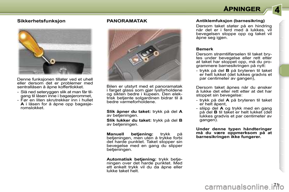 Peugeot 307 SW 2007  Brukerhåndbok (in Norwegian) �7�1
�D�e�n�n�e� �f�u�n�k�s�j�o�n�e�n� �t�i�l�l�a�t�e�r� �v�e�d� �e�t� �u�h�e�l�l� �e�l�l�e�r�  �d�e�r�s�o�m�  �d�e�t�  �e�r�  �p�r�o�b�l�e�m�e�r�  �m�e�d� �s�e�n�t�r�a�l�l�å�s�e�n� �å� �å�p�n�e� �