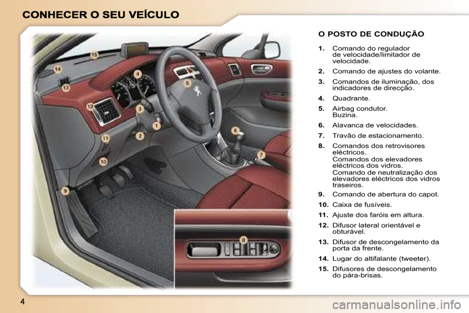 Peugeot 307 SW 2007  Manual do proprietário (in Portuguese) �1�.� �C�o�m�a�n�d�o� �d�o� �r�e�g�u�l�a�d�o�r� �d�e� �v�e�l�o�c�i�d�a�d�e�/�l�i�m�i�t�a�d�o�r� �d�e� �v�e�l�o�c�i�d�a�d�e�.
�2�.� �C�o�m�a�n�d�o� �d�e� �a�j�u�s�t�e�s� �d�o� �v�o�l�a�n�t�e�.
�3�.�  �
