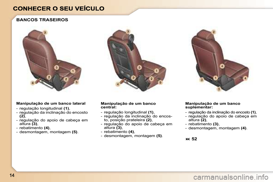 Peugeot 307 SW 2007  Manual do proprietário (in Portuguese) �M�a�n�i�p�u�l�a�ç�ã�o� �d�e� �u�m� �b�a�n�c�o� �l�a�t�e�r�a�l
�-�  �r�e�g�u�l�a�ç�ã�o� �l�o�n�g�i�t�u�d�i�n�a�l� �(�1�)�,�-�  �r�e�g�u�l�a�ç�ã�o� �d�a� �i�n�c�l�i�n�a�ç�ã�o� �d�o� �e�n�c�o�s�