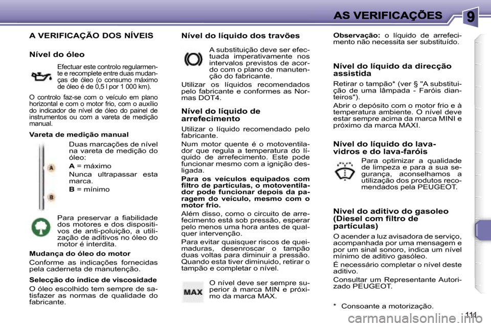 Peugeot 307 SW 2007  Manual do proprietário (in Portuguese) �1�1�1
�A� �V�E�R�I�F�I�C�A�Ç�Ã�O� �D�O�S� �N�Í�V�E�I�S
�D�u�a�s� �m�a�r�c�a�ç�õ�e�s� �d�e� �n�í�v�e�l� �n�a�  �v�a�r�e�t�a�  �d�e�  �m�e�d�i�ç�ã�o�  �d�o� �ó�l�e�o�:
�A� �=� �m�á�x�i�m�o� 
