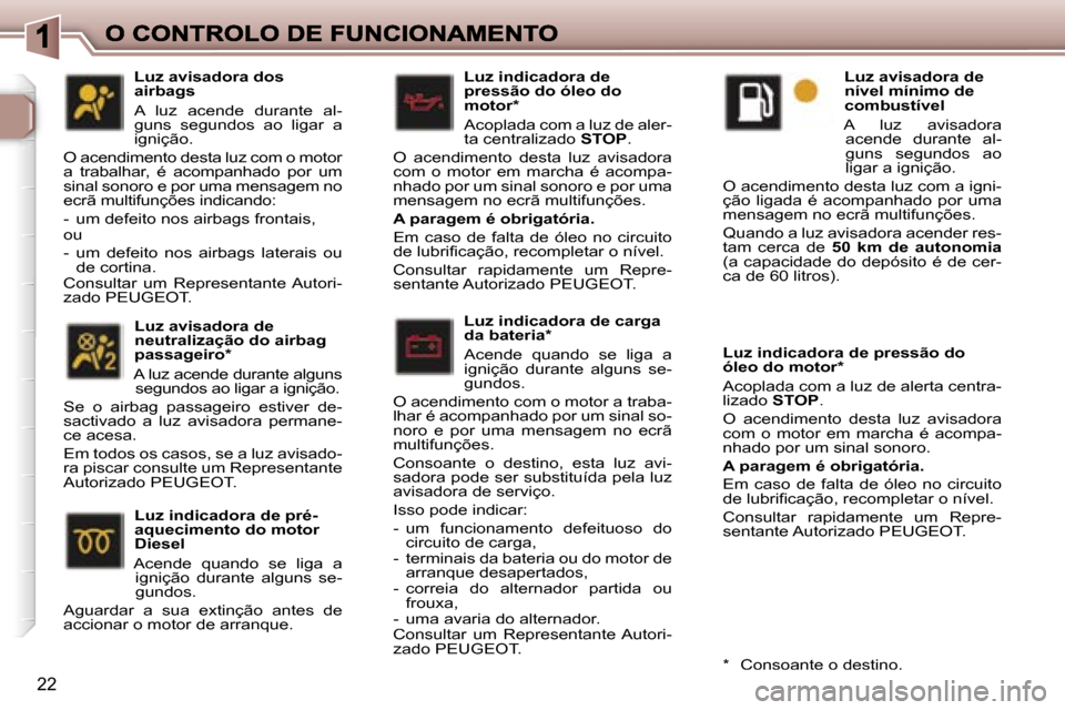 Peugeot 307 SW 2007  Manual do proprietário (in Portuguese) �2�2
�L�u�z� �i�n�d�i�c�a�d�o�r�a� �d�e� �c�a�r�g�a� �d�a� �b�a�t�e�r�i�a�*
�A�c�e�n�d�e�  �q�u�a�n�d�o�  �s�e�  �l�i�g�a�  �a� �i�g�n�i�ç�ã�o�  �d�u�r�a�n�t�e�  �a�l�g�u�n�s�  �s�e�-�g�u�n�d�o�s�.
