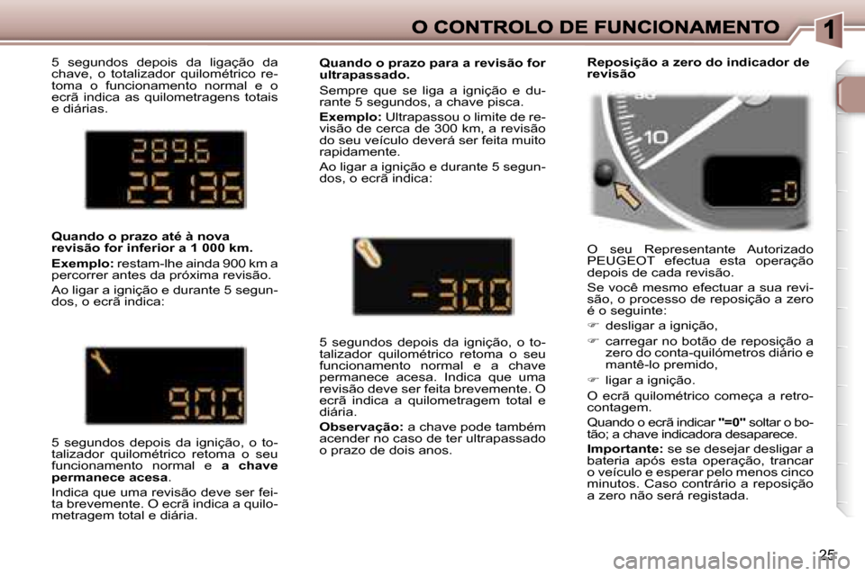 Peugeot 307 SW 2007  Manual do proprietário (in Portuguese) �2�5
�5�  �s�e�g�u�n�d�o�s�  �d�e�p�o�i�s�  �d�a�  �l�i�g�a�ç�ã�o�  �d�a� �c�h�a�v�e�,�  �o�  �t�o�t�a�l�i�z�a�d�o�r�  �q�u�i�l�o�m�é�t�r�i�c�o�  �r�e�-�t�o�m�a�  �o�  �f�u�n�c�i�o�n�a�m�e�n�t�o�  