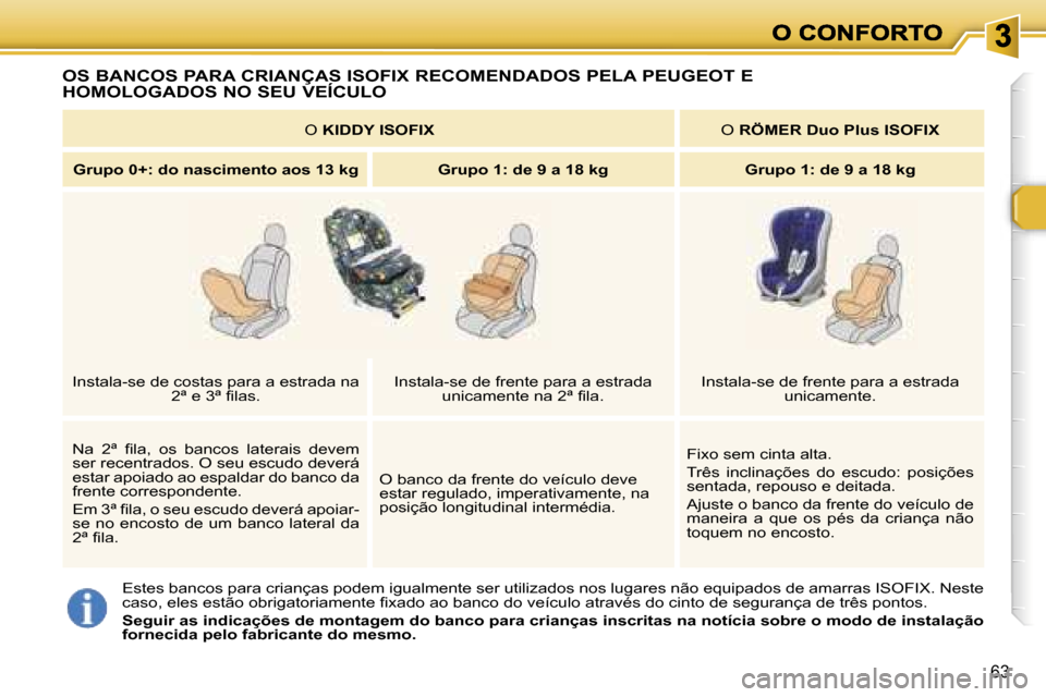 Peugeot 307 SW 2007  Manual do proprietário (in Portuguese) �6�3
�O�S� �B�A�N�C�O�S� �P�A�R�A� �C�R�I�A�N�Ç�A�S� �I�S�O�F�I�X� �R�E�C�O�M�E�N�D�A�D�O�S� �P�E�L�A� �P�E�U�G�E�O�T� �E�  
�H�O�M�O�L�O�G�A�D�O�S� �N�O� �S�E�U� �V�E�Í�C�U�L�O
�E�s�t�e�s� �b�a�n�c