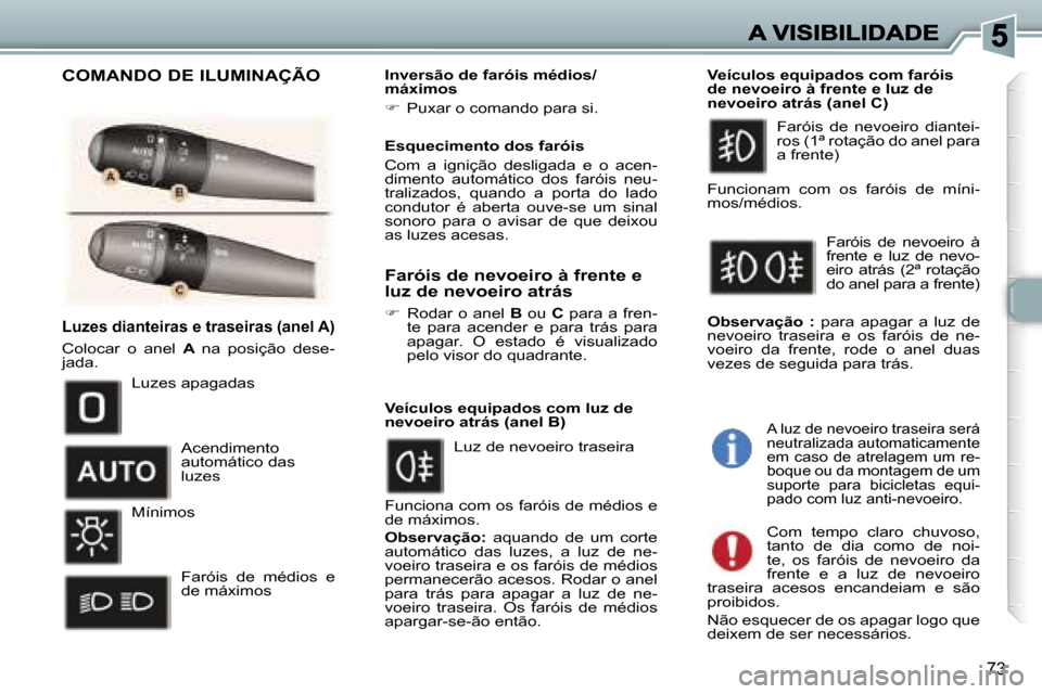 Peugeot 307 SW 2007  Manual do proprietário (in Portuguese) �7�3
�L�u�z�e�s� �d�i�a�n�t�e�i�r�a�s� �e� �t�r�a�s�e�i�r�a�s�(�a�n�e�l� �A�)
�C�o�l�o�c�a�r�  �o�  �a�n�e�l� �A� �n�a�  �p�o�s�i�ç�ã�o�  �d�e�s�e�-�j�a�d�a�.
�I�n�v�e�r�s�ã�o� �d�e� �f�a�r�ó�i�s�