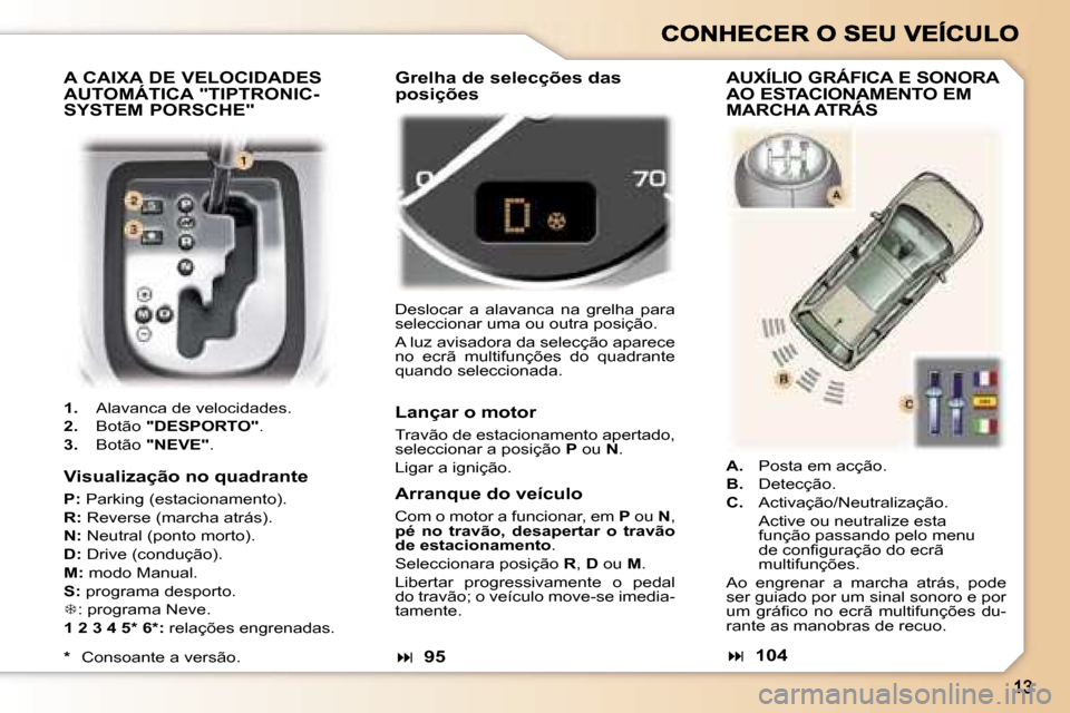 Peugeot 307 SW 2007  Manual do proprietário (in Portuguese) �A� �C�A�I�X�A� �D�E� �V�E�L�O�C�I�D�A�D�E�S�  
�A�U�T�O�M�Á�T�I�C�A� �"�T�I�P�T�R�O�N�I�C�-
�S�Y�S�T�E�M� �P�O�R�S�C�H�E�"
�1�.�  �A�l�a�v�a�n�c�a� �d�e� �v�e�l�o�c�i�d�a�d�e�s�.
�2�.�  �B�o�t�ã�o�