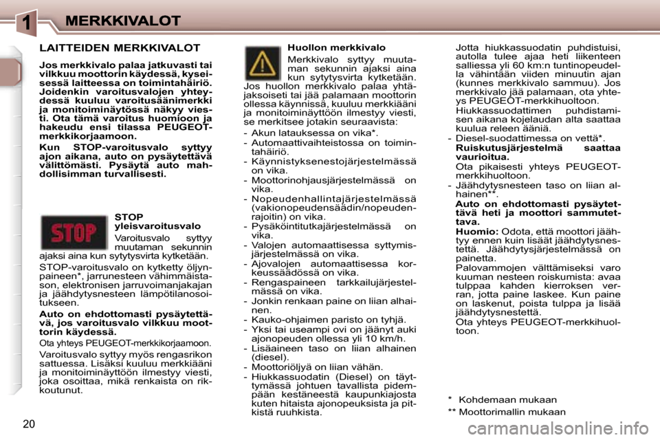 Peugeot 307 SW 2007  Omistajan käsikirja (in Finnish) �2�0
�L�A�I�T�T�E�I�D�E�N� �M�E�R�K�K�I�V�A�L�O�T
�J�o�s� �m�e�r�k�k�i�v�a�l�o� �p�a�l�a�a� �j�a�t�k�u�v�a�s�t�i� �t�a�i� �v�i�l�k�k�u�u� �m�o�o�t�t�o�r�i�n� �k�ä�y�d�e�s�s�ä�,� �k�y�s�e�i�-�s�e�s�s