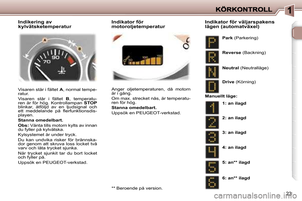 Peugeot 307 SW 2007  Ägarmanual (in Swedish) �2�3
�V�i�s�a�r�e�n� �s�t�å�r� �i� �f�ä�l�t�e�t�A�,� �n�o�r�m�a�l� �t�e�m�p�e�-�r�a�t�u�r�.
�V�i�s�a�r�e�n�  �s�t�å�r�  �i�  �f�ä�l�t�e�t� �B�,�  �t�e�m�p�e�r�a�t�u�-�r�e�n�  �ä�r�  �f�ö�r�  �h�