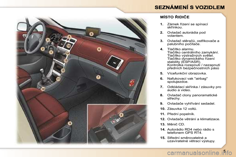 Peugeot 307 SW 2007  Návod k obsluze (in Czech) �1�.� �Z�á�m�e�k� 9�í�z�e�n�í� �s�e� �s�p�í�n�a�c�í� �s�k9�í�n�k�o�u�.
�2�.�  �O�v�l�a�d�a�č� �a�u�t�o�r�á�d�i�a� �p�o�d� �v�o�l�a�n�t�e�m�.
�3�.�  �O�v�l�a�d�a�č� �s�t)�r�a�čA�,� �o�s�t