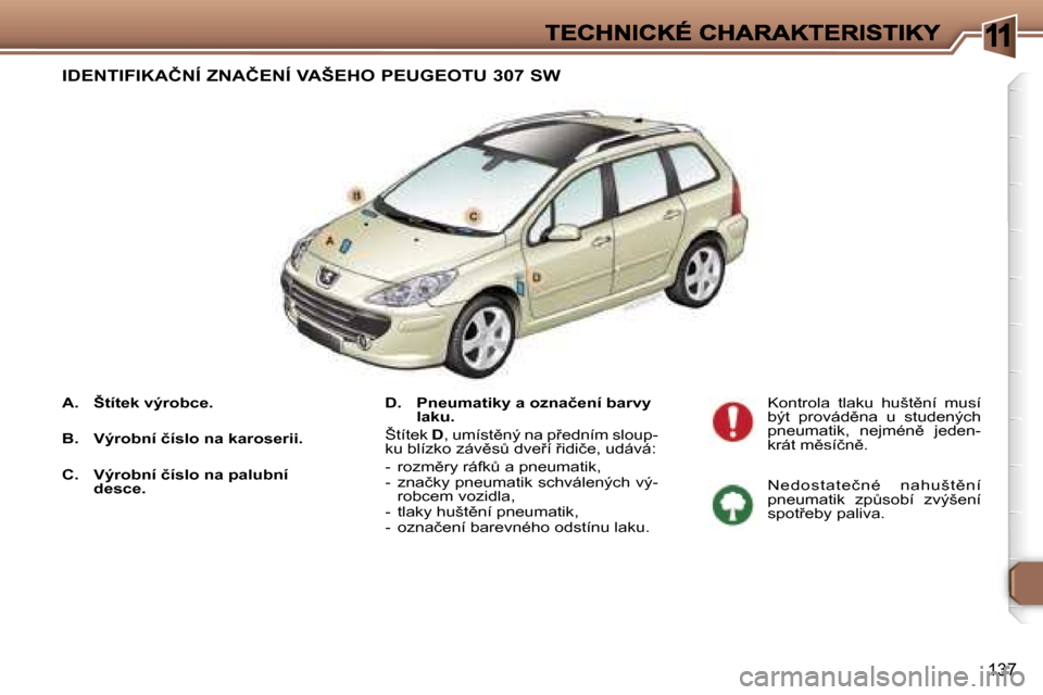 Peugeot 307 SW 2007  Návod k obsluze (in Czech) �1
�1�3�7
�A�.�  �Š�t�í�t�e�k� �v�ý�r�o�b�c�e�.
�B�.�  �V�ý�r�o�b�n�í� �č�í�s�l�o� �n�a� �k�a�r�o�s�e�r�i�i�.
�C�.�  �V�ý�r�o�b�n�í� �č�í�s�l�o� �n�a� �p�a�l�u�b�n�í� �d�e�s�c�e�.
�D�.�  �