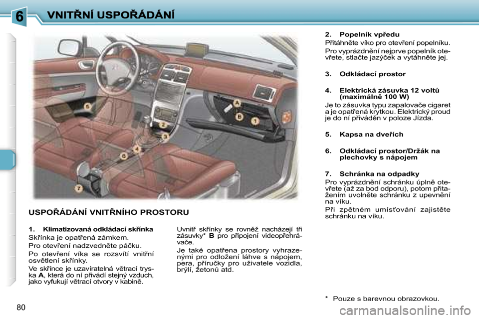 Peugeot 307 SW 2007  Návod k obsluze (in Czech) �8�0
�U�S�P�O8�Á�D�Á�N�Í� �V�N�I�T8�N�Í�H�O� �P�R�O�S�T�O�R�U
�2�.�  �P�o�p�e�l�n�í�k� �v�p9�e�d�u
�P9�i�t�á�h�n)�t�e� �v�í�k�o� �p�r�o� �o�t�e�v9�e�n�í� �p�o�p�e�l�n�í�k�u�.
�P�r�o� �v