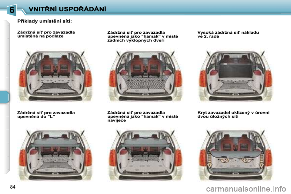 Peugeot 307 SW 2007  Návod k obsluze (in Czech) �8�4
�P9�í�k�l�a�d�y� �u�m�í�s�t)�n�í� �s�í�t�í�:
�Z�á�d�r�ž�n�á� �s�í"� �p�r�o� �z�a�v�a�z�a�d�l�a� �u�m�í�s�t)�n�á� �n�a� �p�o�d�l�a�z�e
�Z�á�d�r�ž�n�á� �s�í"� �p�r�o� �z�a�v�a�z