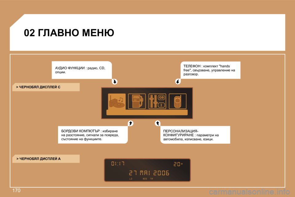 Peugeot 307 SW 2007  Ръководство за експлоатация (in Bulgarian) �1�7�0
�0�2� ZbWYde� c?du
Wj>_e� kjdam__� �:� jw^bh�,� �C�D�,� hipbb�.
Xeg>eY_� aecfuiTg� �:� baxbjwg_� gw� jwaklhygb_�,� kbzgw