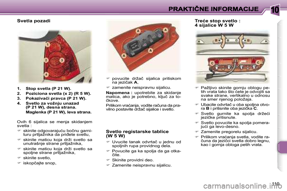 Peugeot 307 SW 2007  Упутство за употребу (in Serbian) �1�0
�1�1�9
�1�.�  �S�t�o�p� �s�v�e�t�l�a� �(�P� �2�1� �W�)�.
�2�.�  �P�o�z�i�c�i�o�n�a� �s�v�e�t�l�a� �(�x� �2�)� �(�R� �5� �W�)�.
�3�.�  �P�o�k�a�z�i�v�a�č�i� �p�r�a�v�c�a� �(�P� �2�1� �W�)�.
�4�.�