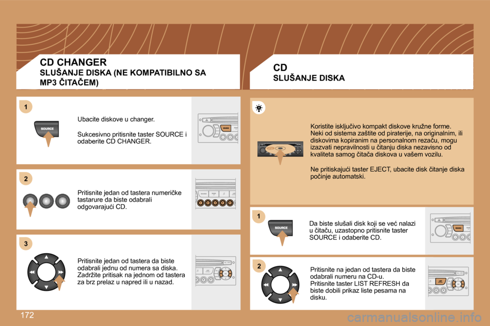 Peugeot 307 SW 2007  Упутство за употребу (in Serbian) �1�7�2
�1�1
�2�2
�3�3
�1�1
�2�2
�C�D� �C�H�A�N�G�E�R� 
�S�L�U�Š�A�N�J�E� �D�I�S�K�A� �(�N�E� �K�O�M�P�A�T�I�B�I�L�N�O� �S�A� 
�M�P�3� �Č�I�T�A�Č�E�M�)
�U�b�a�c�i�t�e� �d�i�s�k�o�v�e� �u� �c�h�a�n�g