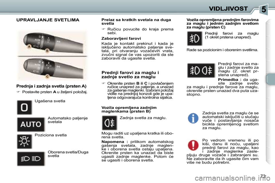 Peugeot 307 SW 2007  Упутство за употребу (in Serbian) �7�3
�P�r�e�d�n�j�a� �i� �z�a�d�n�j�a� �s�v�e�t�l�a� �(�p�r�s�t�e�n� �A�)
��  �P�o�s�t�a�v�i�t�e� �p�r�s�t�e�n� �A� �u� �ž�e�l�j�e�n�i� �p�o�l�o�ž�a�j�.
�P�r�e�l�a�z� �s�a� �k�r�a�t�k�i�h� �s�v�e