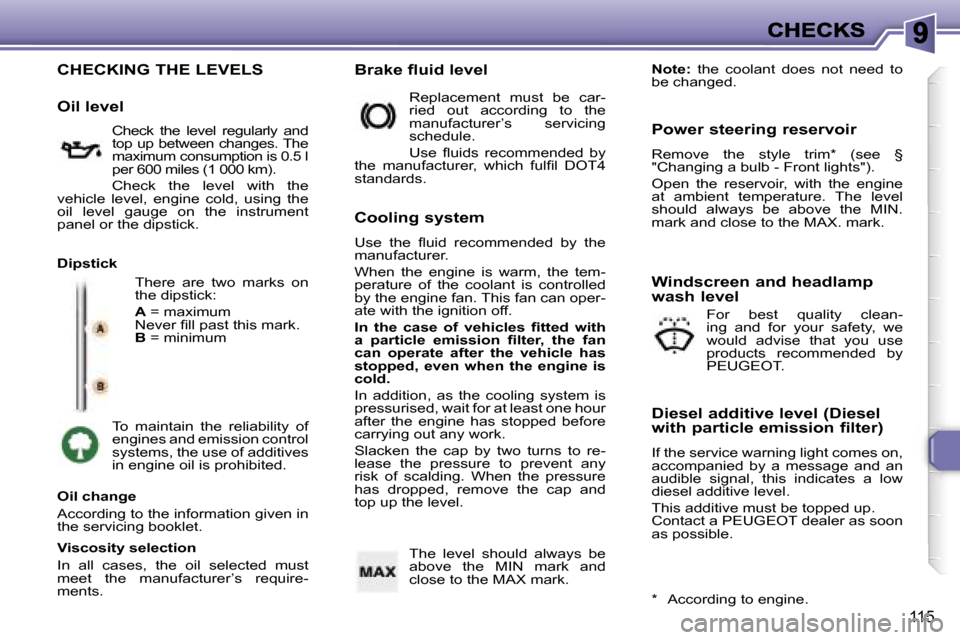 Peugeot 307 SW 2006  Owners Manual �1�1�5
�C�H�E�C�K�I�N�G� �T�H�E� �L�E�V�E�L�S
�T�h�e�r�e�  �a�r�e�  �t�w�o�  �m�a�r�k�s�  �o�n� �t�h�e� �d�i�p�s�t�i�c�k�:
�A� �=� �m�a�x�i�m�u�m�N�e�v�e�r� �ﬁ�l�l� �p�a�s�t� �t�h�i�s� �m�a�r�k�.�B�