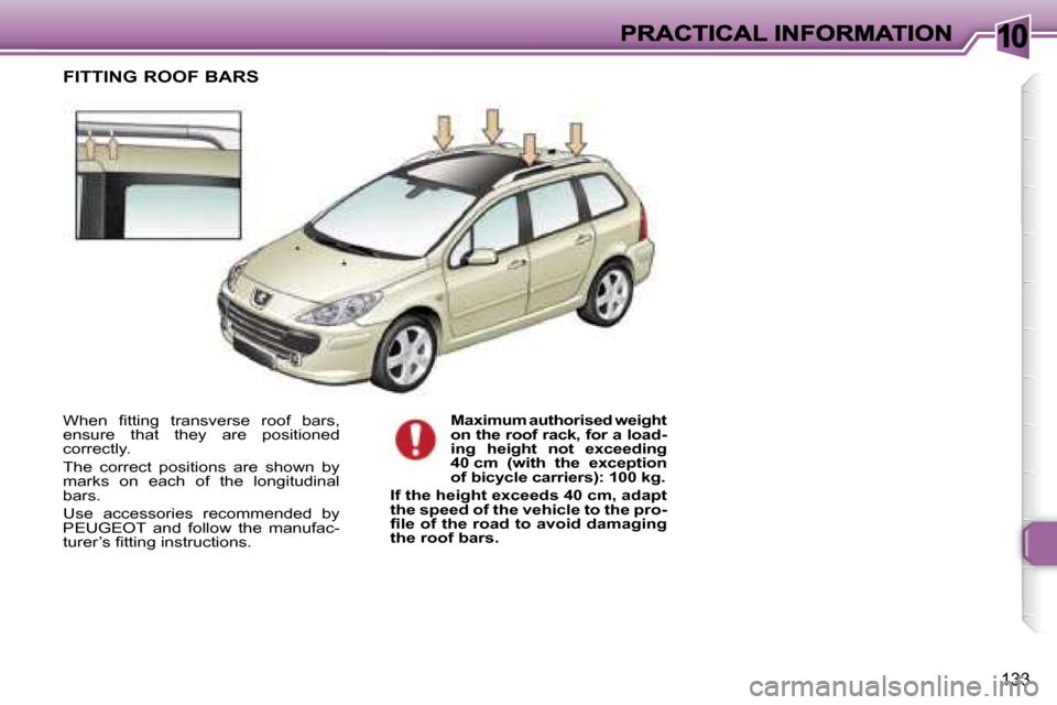 Peugeot 307 SW 2006  Owners Manual �1�0
�1�3�3
�W�h�e�n�  �ﬁ�t�t�i�n�g�  �t�r�a�n�s�v�e�r�s�e�  �r�o�o�f�  �b�a�r�s�,� �e�n�s�u�r�e�  �t�h�a�t�  �t�h�e�y�  �a�r�e�  �p�o�s�i�t�i�o�n�e�d� �c�o�r�r�e�c�t�l�y�.
�T�h�e�  �c�o�r�r�e�c�t� 