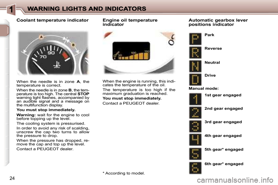 Peugeot 307 SW 2006 Owners Guide �2�4
�W�h�e�n�  �t�h�e�  �n�e�e�d�l�e�  �i�s�  �i�n�  �z�o�n�e�A�,�  �t�h�e� �t�e�m�p�e�r�a�t�u�r�e� �i�s� �c�o�r�r�e�c�t�.
�W�h�e�n� �t�h�e� �n�e�e�d�l�e� �i�s� �i�n� �z�o�n�e� �B�,�t�h�e� �t�e�m�-�p