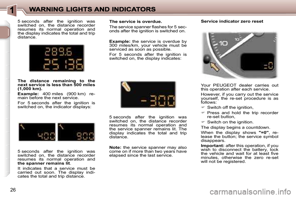 Peugeot 307 SW 2006 Owners Guide �2�6
�5� �s�e�c�o�n�d�s�  �a�f�t�e�r�  �t�h�e�  �i�g�n�i�t�i�o�n�  �w�a�s� �s�w�i�t�c�h�e�d�  �o�n�,�  �t�h�e�  �d�i�s�t�a�n�c�e�  �r�e�c�o�r�d�e�r� �r�e�s�u�m�e�s�  �i�t�s�  �n�o�r�m�a�l�  �o�p�e�r�a