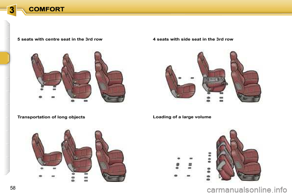 Peugeot 307 SW 2006 Repair Manual �5�8
�5� �s�e�a�t�s� �w�i�t�h� �c�e�n�t�r�e� �s�e�a�t� �i�n� �t�h�e� �3�r�d� �r�o�w
�T�r�a�n�s�p�o�r�t�a�t�i�o�n� �o�f� �l�o�n�g� �o�b�j�e�c�t�s
�4� �s�e�a�t�s� �w�i�t�h� �s�i�d�e� �s�e�a�t� �i�n� �t�