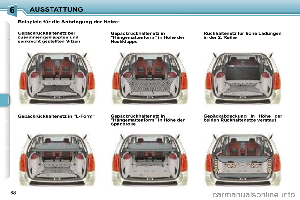 Peugeot 307 SW 2006  Betriebsanleitung (in German) �6�A�U�S�S�T�A�T�T�U�N�G� 
�8�8
�B�e�i�s�p�i�e�l�e� �f�ü�r� �d�i�e� �A�n�b�r�i�n�g�u�n�g� �d�e�r� �N�e�t�z�e�:
�G�e�p�ä�c�k�r�ü�c�k�h�a�l�t�e�n�e�t�z� �b�e�i�  
�z�u�s�a�m�m�e�n�g�e�k�l�a�p�p�t�e�n