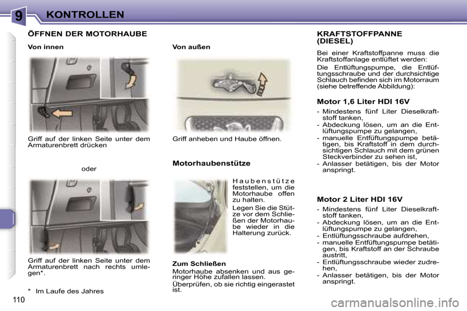 Peugeot 307 SW 2006  Betriebsanleitung (in German) �9�K�O�N�T�R�O�L�L�E�N
�1�1�0
�G�r�i�f�f�  �a�u�f�  �d�e�r�  �l�i�n�k�e�n�  �S�e�i�t�e�  �u�n�t�e�r�  �d�e�m�  
�A�r�m�a�t�u�r�e�n�b�r�e�t�t� �d�r�ü�c�k�e�n�G�r�i�f�f� �a�n�h�e�b�e�n� �u�n�d� �H�a�u�