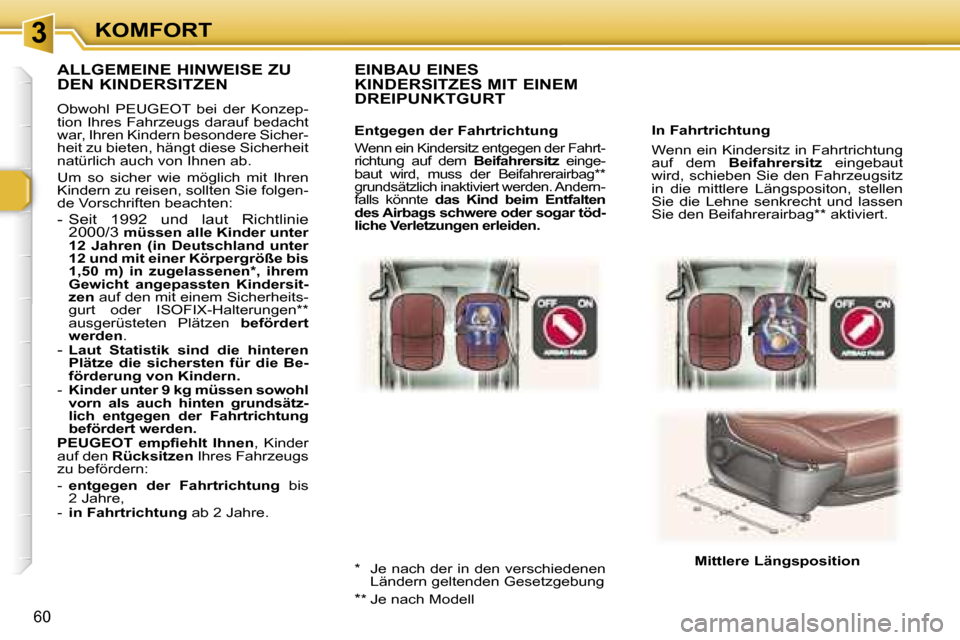 Peugeot 307 SW 2006  Betriebsanleitung (in German) �3�K�O�M�F�O�R�T
�6�0
�I�n� �F�a�h�r�t�r�i�c�h�t�u�n�g�  
�W�e�n�n� �e�i�n� �K�i�n�d�e�r�s�i�t�z� �i�n� �F�a�h�r�t�r�i�c�h�t�u�n�g�  
�a�u�f�  �d�e�m� �B�e�i�f�a�h�r�e�r�s�i�t�z �  �e�i�n�g�e�b�a�u�t�