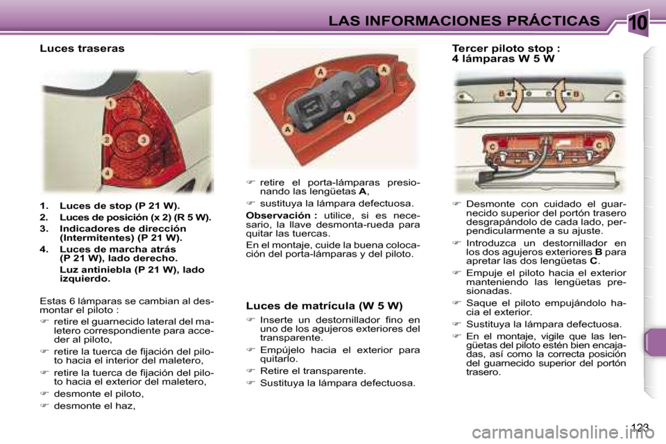 Peugeot 307 SW 2006  Manual del propietario (in Spanish) �1�0�L�A�S� �I�N�F�O�R�M�A�C�I�O�N�E�S� �P�R�Á�C�T�I�C�A�S
�1�2�3
�1�.�  �L�u�c�e�s� �d�e� �s�t�o�p� �(�P� �2�1� �W�)�.�  
�2�.�  �L�u�c�e�s� �d�e� �p�o�s�i�c�i�ó�n� �(�x� �2�)� �(�R� �5� �W�)�.
�3�