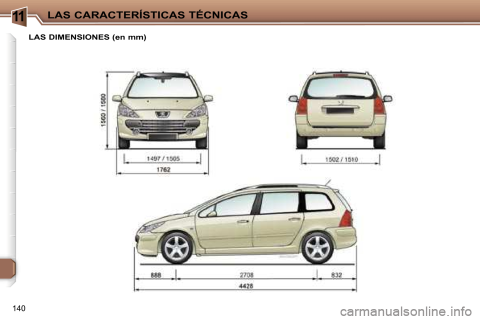 Peugeot 307 SW 2006  Manual del propietario (in Spanish) �1�1�L�A�S� �C�A�R�A�C�T�E�R�Í�S�T�I�C�A�S� �T�É�C�N�I�C�A�S
�1�4�0
�L�A�S� �D�I�M�E�N�S�I�O�N�E�S� �(�e�n� �m�m�)   