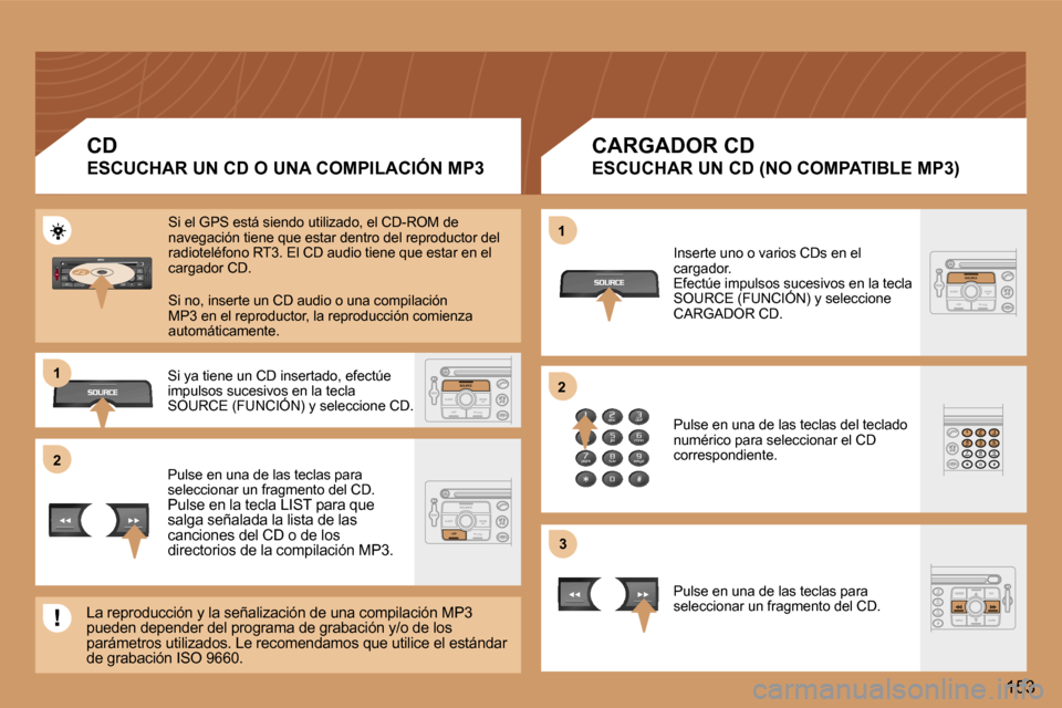 Peugeot 307 SW 2006  Manual del propietario (in Spanish) �2�1 
�2
�3
�1
�1�5�3
�C�D 
�E�S�C�U�C�H�A�R� �U�N� �C�D� �O� �U�N�A� �C�O�M�P�I�L�A�C�I�Ó�N� �M�P�3
�C�A�R�G�A�D�O�R� �C�D
�E�S�C�U�C�H�A�R� �U�N� �C�D� �(�N�O� �C�O�M�P�A�T�I�B�L�E� �M�P�3�)
�S�i� 