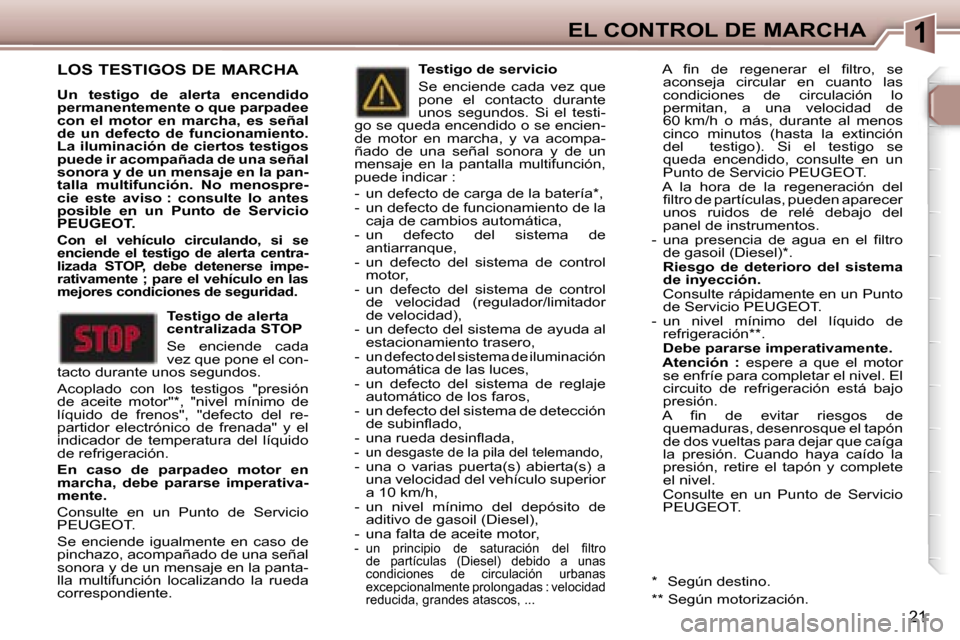Peugeot 307 SW 2006  Manual del propietario (in Spanish) �1�E�L� �C�O�N�T�R�O�L� �D�E� �M�A�R�C�H�A
�2�1
�L�O�S� �T�E�S�T�I�G�O�S� �D�E� �M�A�R�C�H�A
�U�n�  �t�e�s�t�i�g�o�  �d�e�  �a�l�e�r�t�a�  �e�n�c�e�n�d�i�d�o�  
�p�e�r�m�a�n�e�n�t�e�m�e�n�t�e� �o� �q�