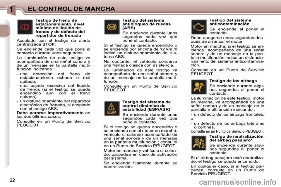 Peugeot 307 SW 2006  Manual del propietario (in Spanish) �1�E�L� �C�O�N�T�R�O�L� �D�E� �M�A�R�C�H�A
�2�2
�T�e�s�t�i�g�o� �d�e�l� �s�i�s�t�e�m�a� �d�e�  
�c�o�n�t�r�o�l� �d�i�n�á�m�i�c�o� �d�e� 
�e�s�t�a�b�i�l�i�d�a�d� �(�E�S�P�/�A�S�R�) 
�S�e�  �e�n�c�i�e�