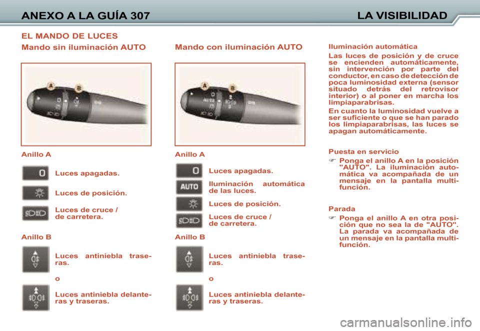 Peugeot 307 SW 2006  Manual del propietario (in Spanish) �E�L� �M�A�N�D�O� �D�E� �L�U�C�E�S
�A�N�E�X�O� �A� �L�A� �G�U�Í�A� �3�0�7�L�A� �V�I�S�I�B�I�L�I�D�A�D
�M�a�n�d�o� �c�o�n� �i�l�u�m�i�n�a�c�i�ó�n� �A�U�T�O
�M�a�n�d�o� �s�i�n� �i�l�u�m�i�n�a�c�i�ó�n