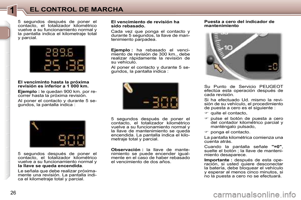 Peugeot 307 SW 2006  Manual del propietario (in Spanish) �1�E�L� �C�O�N�T�R�O�L� �D�E� �M�A�R�C�H�A
�2�6
�5�  �s�e�g�u�n�d�o�s�  �d�e�s�p�u�é�s�  �d�e�  �p�o�n�e�r�  �e�l�  
�c�o�n�t�a�c�t�o�,�  �e�l�  �t�o�t�a�l�i�z�a�d�o�r�  �k�i�l�o�m�é�t�r�i�c�o� 
�v�