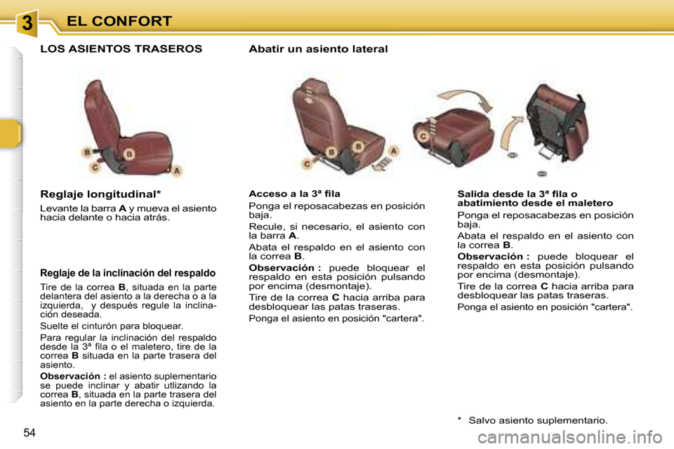 Peugeot 307 SW 2006  Manual del propietario (in Spanish) �3�E�L� �C�O�N�F�O�R�T
�5�4
�S�a�l�i�d�a� �d�e�s�d�e� �l�a� �3�ª� �ﬁ�l�a� �o�  
�a�b�a�t�i�m�i�e�n�t�o� �d�e�s�d�e� �e�l� �m�a�l�e�t�e�r�o 
�P�o�n�g�a� �e�l� �r�e�p�o�s�a�c�a�b�e�z�a�s� �e�n� �p�o�