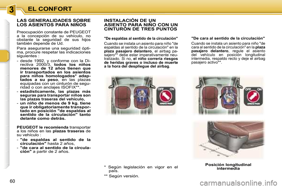 Peugeot 307 SW 2006  Manual del propietario (in Spanish) �3�E�L� �C�O�N�F�O�R�T
�6�0
�"�D�e� �c�a�r�a� �a�l� �s�e�n�t�i�d�o� �d�e� �l�a� �c�i�r�c�u�l�a�c�i�ó�n�"
�C�u�a�n�d�o� �s�e� �i�n�s�t�a�l�a� �u�n� �a�s�i�e�n�t�o� �p�a�r�a� �n�i�ñ�o� �"�d�e�  
�c�a�