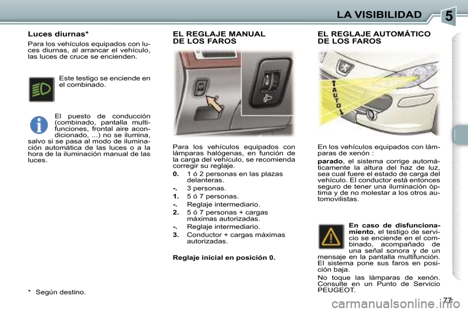 Peugeot 307 SW 2006  Manual del propietario (in Spanish) �5
�7�7
�P�a�r�a�  �l�o�s�  �v�e�h�í�c�u�l�o�s�  �e�q�u�i�p�a�d�o�s�  �c�o�n�  
�l�á�m�p�a�r�a�s�  �h�a�l�ó�g�e�n�a�s�,�  �e�n�  �f�u�n�c�i�ó�n�  �d�e� 
�l�a� �c�a�r�g�a� �d�e�l� �v�e�h�í�c�u�l�o