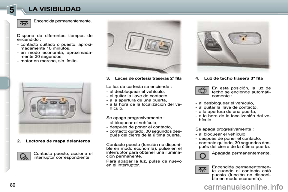 Peugeot 307 SW 2006  Manual del propietario (in Spanish) �5
�8�0
�3�.� �L�u�c�e�s� �d�e� �c�o�r�t�e�s�í�a� �t�r�a�s�e�r�a�s� �2�ª� �ﬁ�l�a
�A�p�a�g�a�d�a� �p�e�r�m�a�n�e�n�t�e�m�e�n�t�e�.
�L�a� �l�u�z� �d�e� �c�o�r�t�e�s�í�a� �s�e� �e�n�c�i�e�n�d�e� �: 