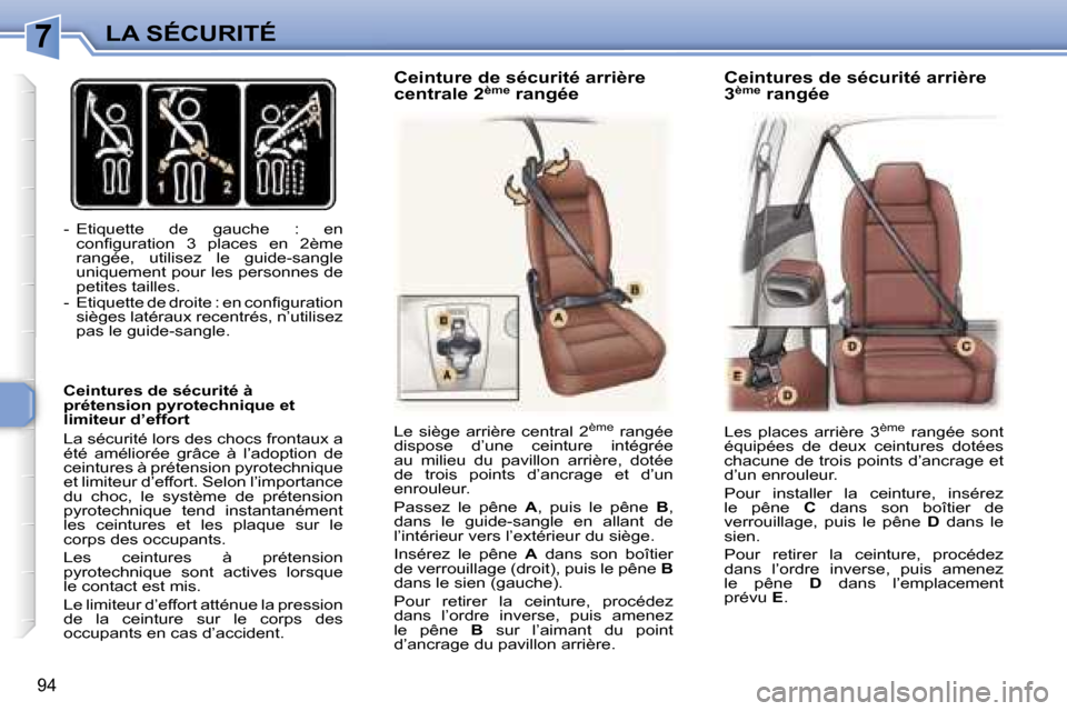 Peugeot 307 SW 2006  Manuel du propriétaire (in French) �7�L�A� �S�É�C�U�R�I�T�É
�9�4
�-�  �E�t�i�q�u�e�t�t�e�  �d�e�  �g�a�u�c�h�e�  �:�  �e�n� �c�o�n�ﬁ�g�u�r�a�t�i�o�n�  �3�  �p�l�a�c�e�s�  �e�n�  �2�è�m�e�  
�r�a�n�g�é�e�,�  �u�t�i�l�i�s�e�z�  �l�