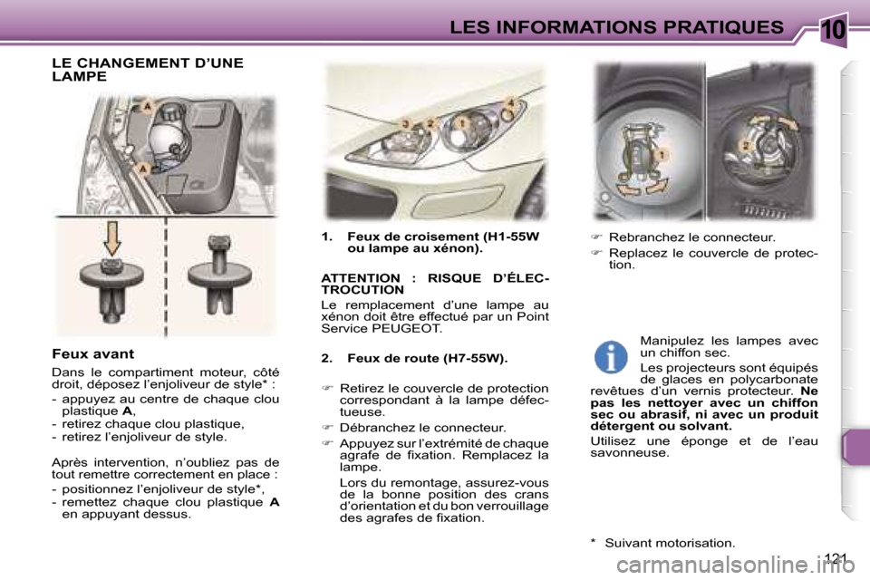 Peugeot 307 SW 2006  Manuel du propriétaire (in French) �1�0�L�E�S� �I�N�F�O�R�M�A�T�I�O�N�S� �P�R�A�T�I�Q�U�E�S
�1�2�1
�1�.�  �F�e�u�x� �d�e� �c�r�o�i�s�e�m�e�n�t� �(�H�1�-�5�5�W� �o�u� �l�a�m�p�e� �a�u� �x�é�n�o�n�)�.
�A�T�T�E�N�T�I�O�N�  �:�  �R�I�S�Q�