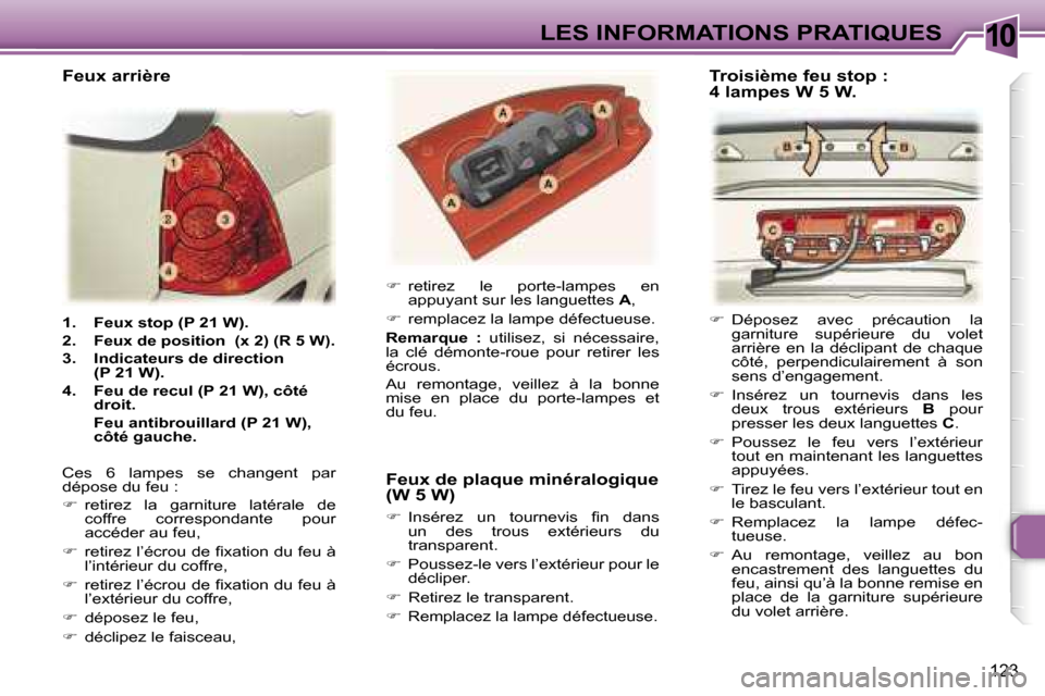 Peugeot 307 SW 2006  Manuel du propriétaire (in French) �1�0�L�E�S� �I�N�F�O�R�M�A�T�I�O�N�S� �P�R�A�T�I�Q�U�E�S
�1�2�3
�1�.�  �F�e�u�x� �s�t�o�p� �(�P� �2�1� �W�)�. 
�2�.� 
�F�e�u�x� �d�e� �p�o�s�i�t�i�o�n� � �(�x� �2�)� �(�R� �5� �W�)�.
�3�.�  �I�n�d�i�c
