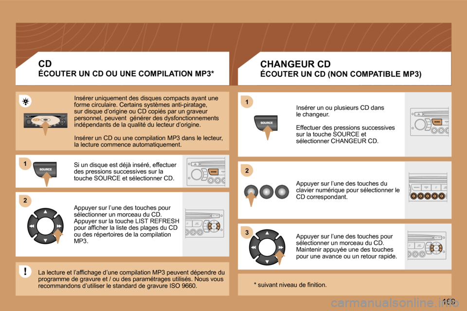 Peugeot 307 SW 2006  Manuel du propriétaire (in French) �1 
�2 
�3
�1 
�2
�1�6�9
�C�H�A�N�G�E�U�R� �C�D
�É�C�O�U�T�E�R� �U�N� �C�D� �(�N�O�N� �C�O�M�P�A�T�I�B�L�E� �M�P�3�)
�I�n�s�é�r�e�r� �u�n� �o�u� �p�l�u�s�i�e�u�r�s� �C�D� �d�a�n�s 
�l�e� �c�h�a�n�g�