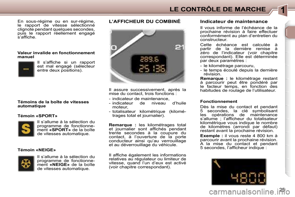 Peugeot 307 SW 2006  Manuel du propriétaire (in French) �1�L�E� �C�O�N�T�R�Ô�L�E� �D�E� �M�A�R�C�H�E
�2�5
�E�n�  �s�o�u�s�-�r�é�g�i�m�e�  �o�u�  �e�n�  �s�u�r�-�r�é�g�i�m�e�,�  
�l�e�  �r�a�p�p�o�r�t�  �d�e�  �v�i�t�e�s�s�e�  �s�é�l�e�c�t�i�o�n�n�é� 
