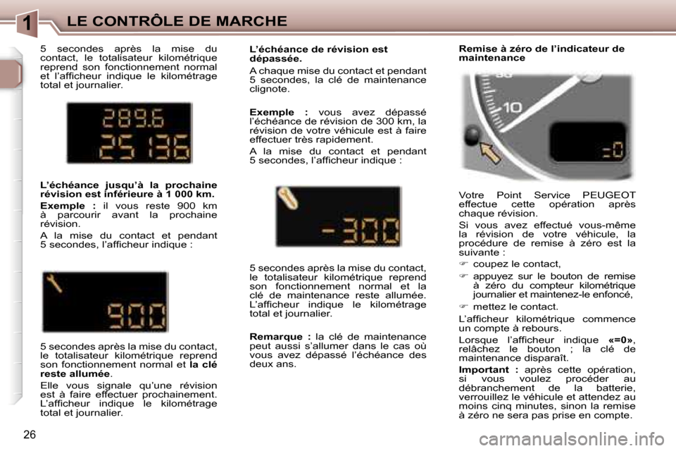 Peugeot 307 SW 2006  Manuel du propriétaire (in French) �1�L�E� �C�O�N�T�R�Ô�L�E� �D�E� �M�A�R�C�H�E
�2�6
�5�  �s�e�c�o�n�d�e�s�  �a�p�r�è�s�  �l�a�  �m�i�s�e�  �d�u�  
�c�o�n�t�a�c�t�,�  �l�e�  �t�o�t�a�l�i�s�a�t�e�u�r�  �k�i�l�o�m�é�t�r�i�q�u�e� 
�r�e