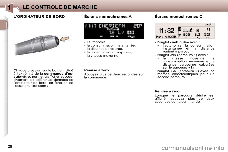 Peugeot 307 SW 2006  Manuel du propriétaire (in French) �1�L�E� �C�O�N�T�R�Ô�L�E� �D�E� �M�A�R�C�H�E
�2�8
�L�’�O�R�D�I�N�A�T�E�U�R� �D�E� �B�O�R�D�É�c�r�a�n�s� �m�o�n�o�c�h�r�o�m�e�s� �A
�-�  �l�’�a�u�t�o�n�o�m�i�e�, 
�-�  �l�a� �c�o�n�s�o�m�m�a�t�i�